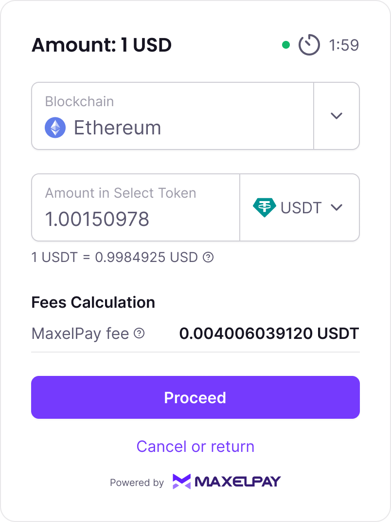 The image shows two screenshots from the MaxelPay gateway displaying user payment options.