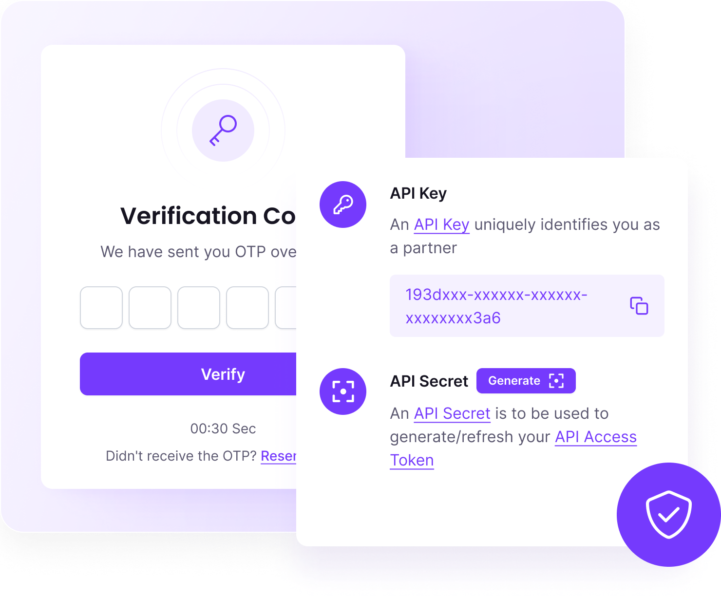 Snapshot of two pages: one displaying a space for entering a verification code, and the other showing an API Key and Secret.